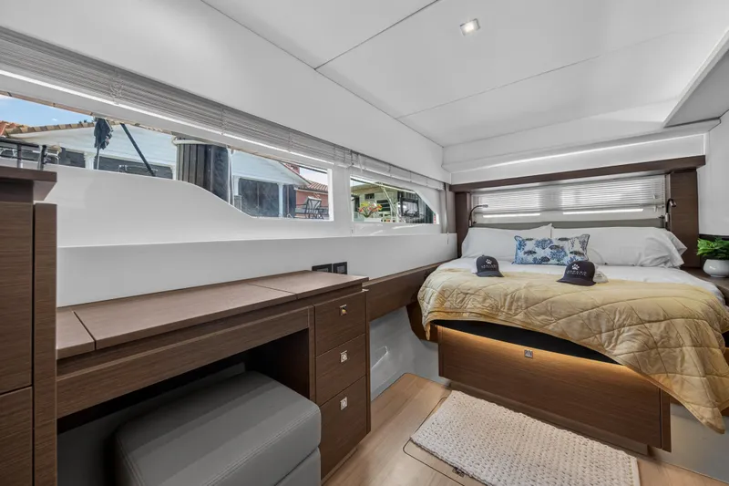 Slide: The Image of Luxurious interior of 2022 Leopard 53 Powercat yacht with cozy bedroom and modern furnishings. - 82