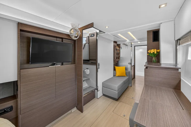 Slide: The Image of Interior of 2022 Leopard 53 Powercat yacht with modern furnishings and decor. - 84