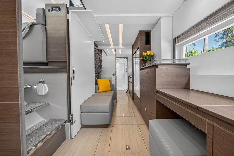 Slide: The Image of Modern interior of 2022 Leopard 53 Powercat yacht with sleek design and cozy seating. - 89