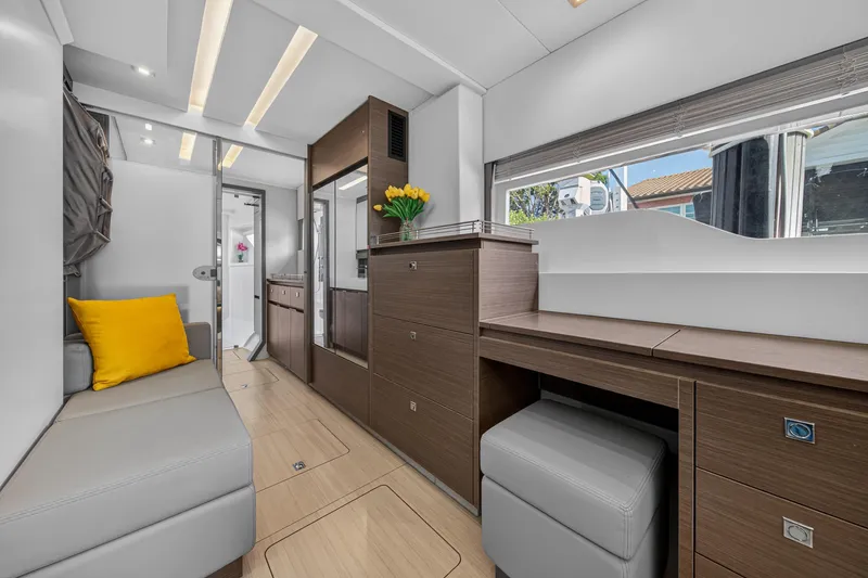 Slide: The Image of Modern interior of 2022 Leopard 53 Powercat yacht with sleek design and cozy seating. - 90
