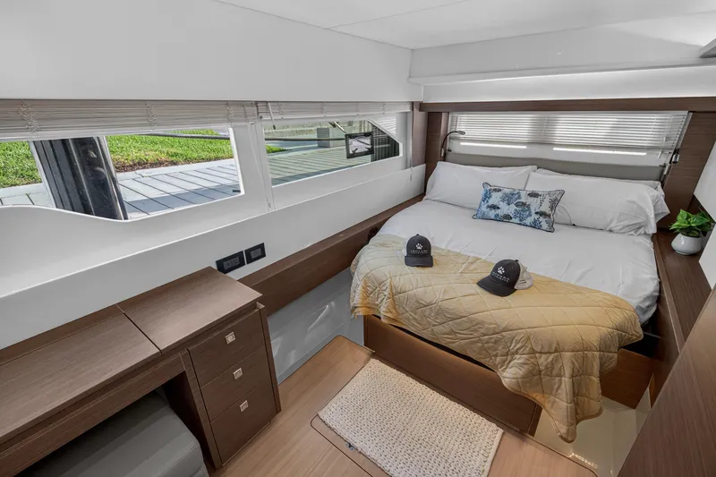 Slide: The Image of Luxurious bedroom interior of 2022 Leopard 53 Powercat yacht with modern furnishings and decor. - 96