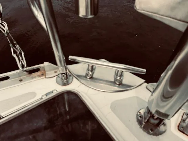 Slide: The Image of Polished metal fittings on a 1983 Stevens 40 boat deck. - 34