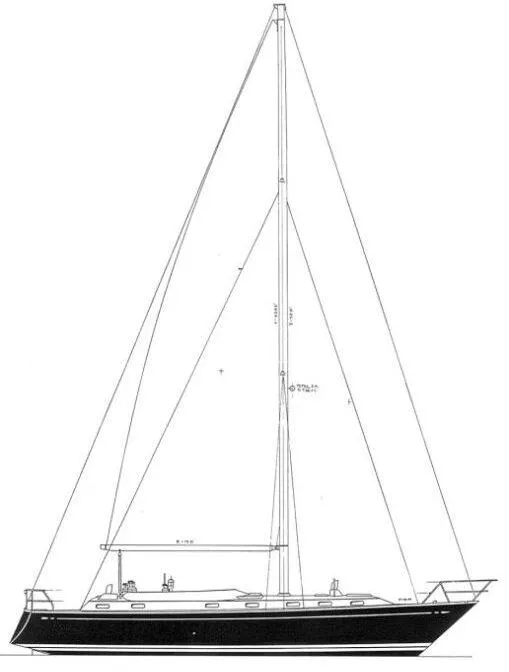 Slide: The Image of Line drawing of 1983 Stevens 40 sailboat, side view, detailed rigging and hull design. - 38