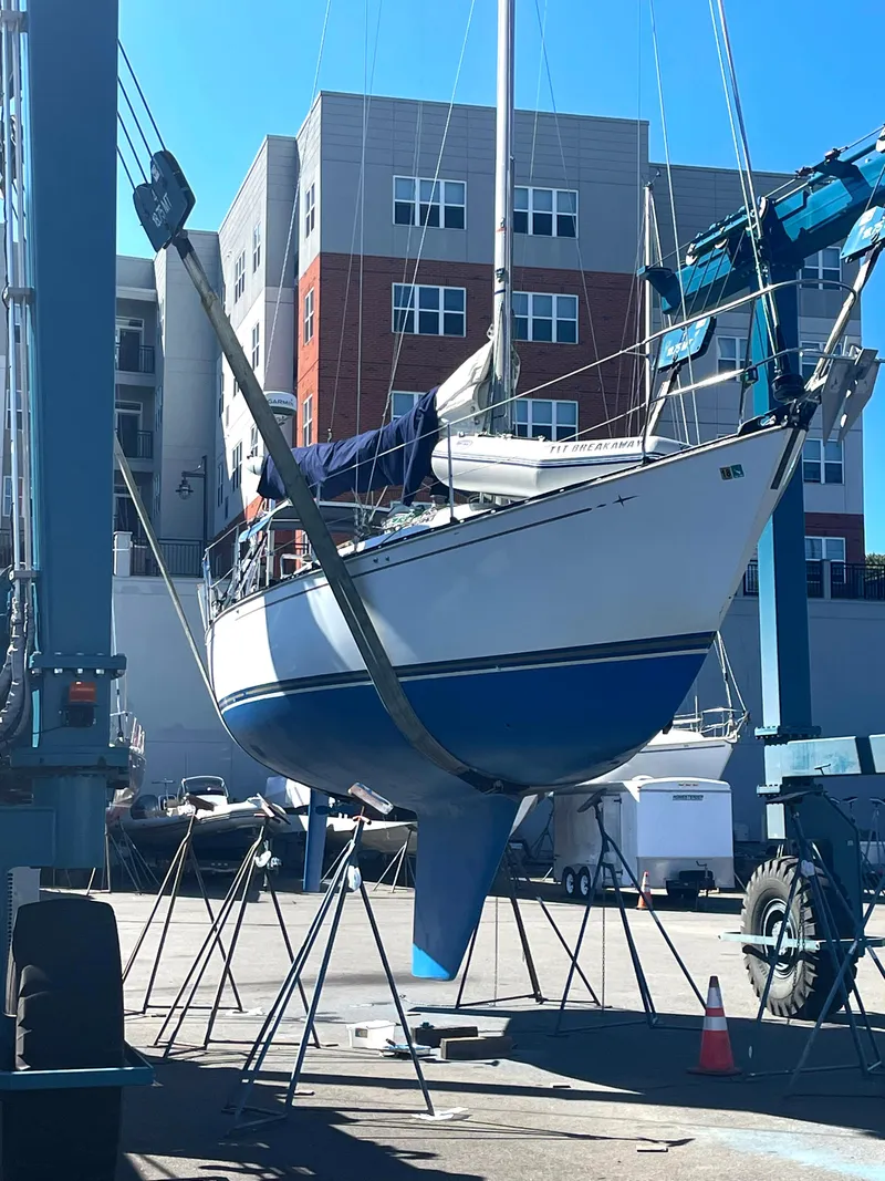 Slide: The Image of 1981 C&C 37 sailboat on stands in a marina, with urban buildings in the background. - 19