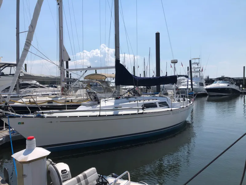 Slide: The Image of 1981 C&C 37 sailboat docked in a marina, surrounded by other boats. - 3