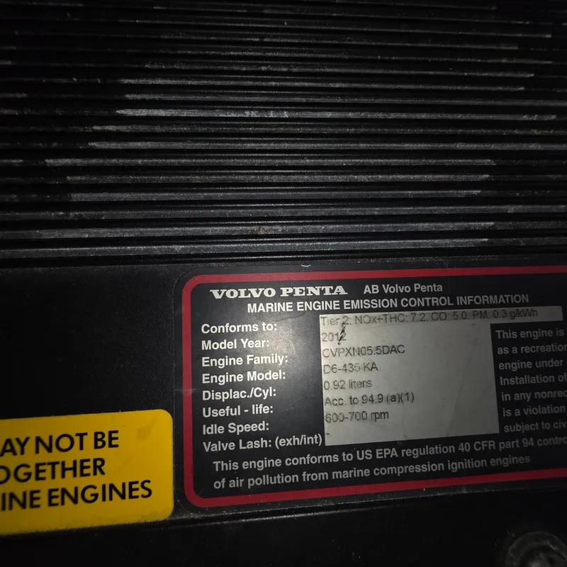 Slide: The Image of Volvo Penta marine engine emission label on a 2013 Zeelander Z44 yacht. - 49