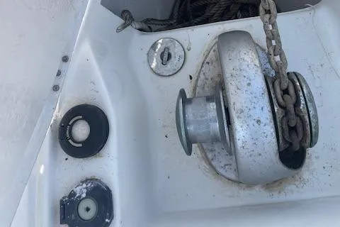 Slide: The Image of Anchor windlass on 2004 Wauquiez Centurion 40s sailboat deck. - 25