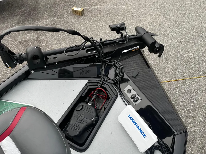 Slide: The Image of 2021 Ranger RT178 boat deck with Minn Kota trolling motor and Lowrance equipment. - 9