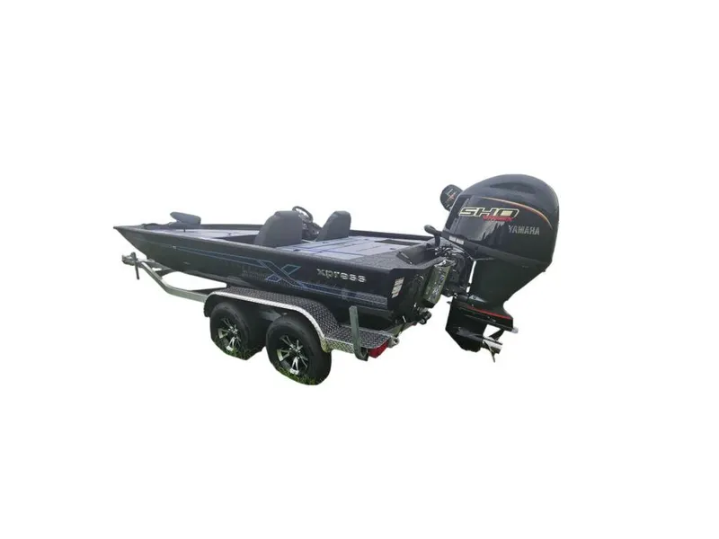 Slide: The Image of 2026 Xpress H20 Bass boat on trailer, side view, parked on grass. - 5