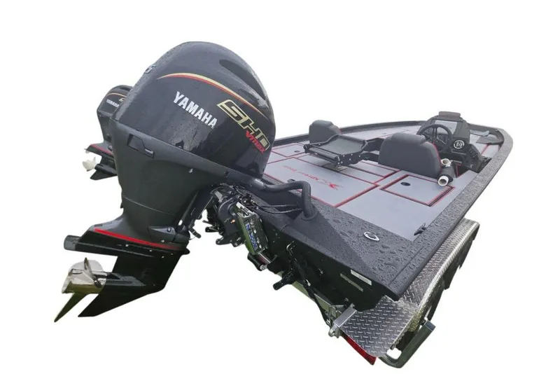 Slide: The Image of 2026 Xpress H20C Crappie Hyper-Lift Series boat with Yamaha engine, rear view. - 9