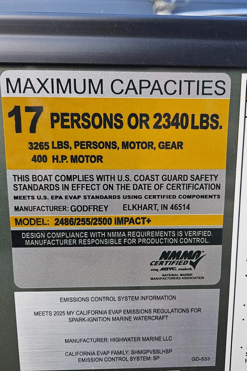 Slide: The Image of Capacity label for Godfrey MC255 SD boat, 2025 model, max 17 people or 2340 lbs, 400 HP motor. - 14