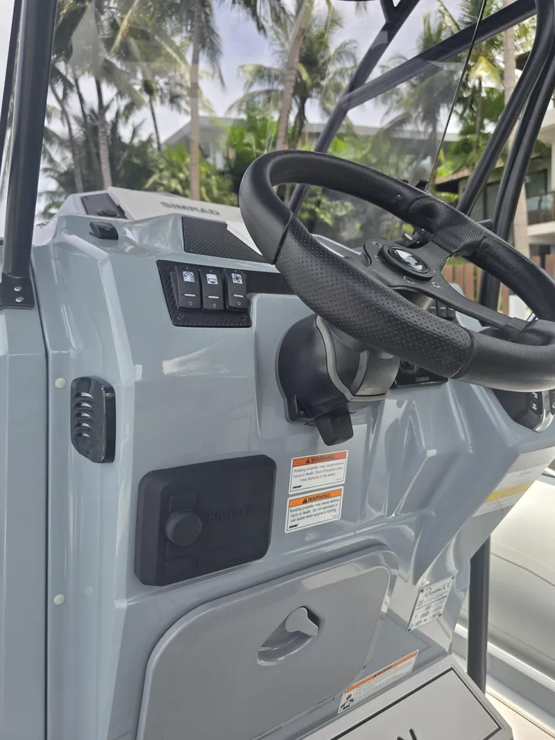 Slide: The Image of 2025 Ranieri CAYMAN 26 SPORT TOURING steering console with controls and palm trees in background. - 21