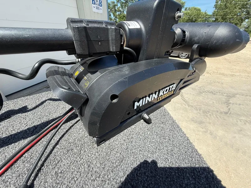 Slide: The Image of Minn Kota Terrova motor on 2020 Lund 1775 Impact boat, outdoor setting. - 9