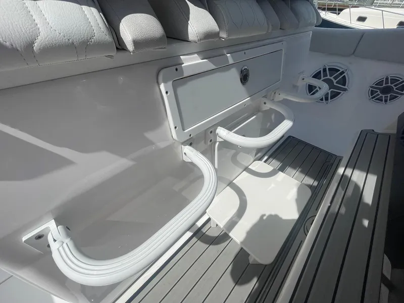 Slide: The Image of 2022 Sea Fox 368 Commander interior with seating and storage compartments. - 25