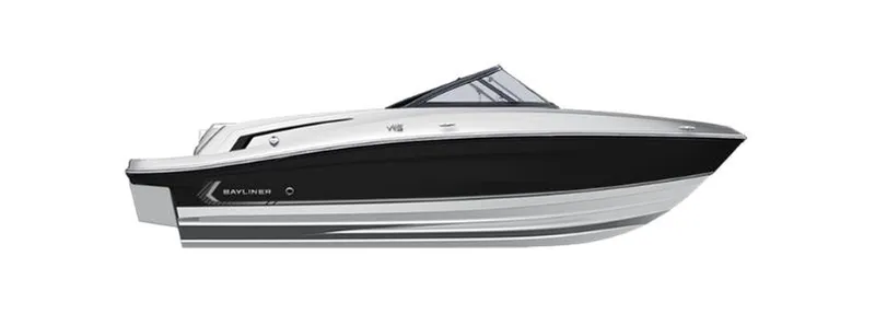 The Image of 2025 Bayliner VR5 Bowrider I/O boat, sleek black and white design, side view. - 0