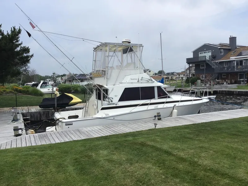 The Image of 1978 Bertram 33 Convertible yacht docked by waterfront homes. - 0