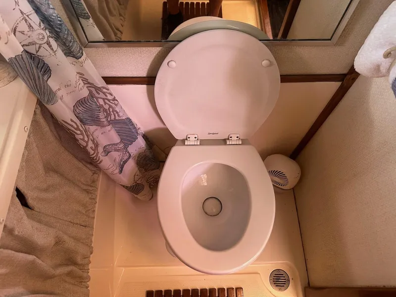Slide: The Image of 1978 Bertram 33 Convertible boat bathroom with toilet and nautical-themed shower curtain. - 23