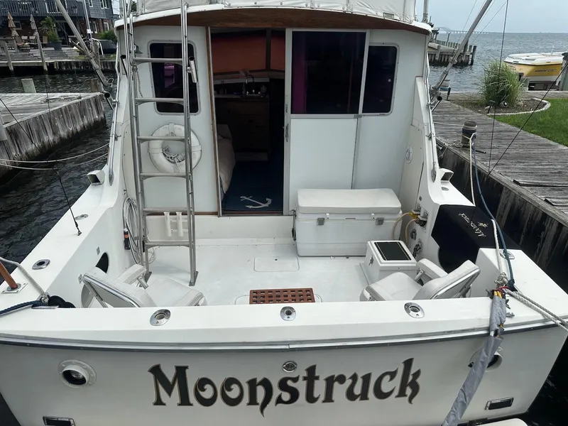 Slide: The Image of 1978 Bertram 33 Convertible boat named "Moonstruck" docked at a marina. - 3