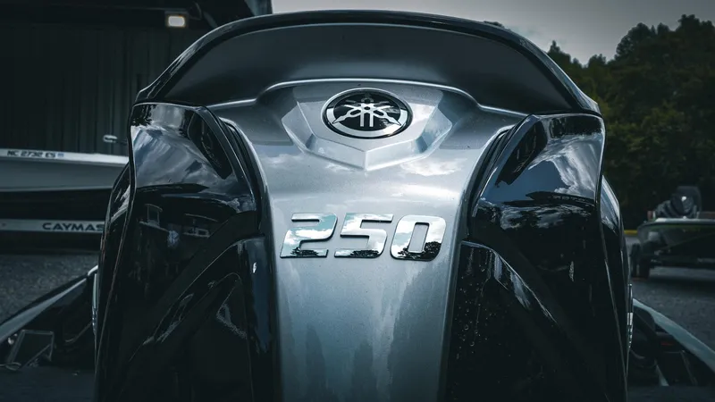 Slide: The Image of 2026 Skeeter ZXE 20 boat engine, close-up view with "250" emblem. - 11