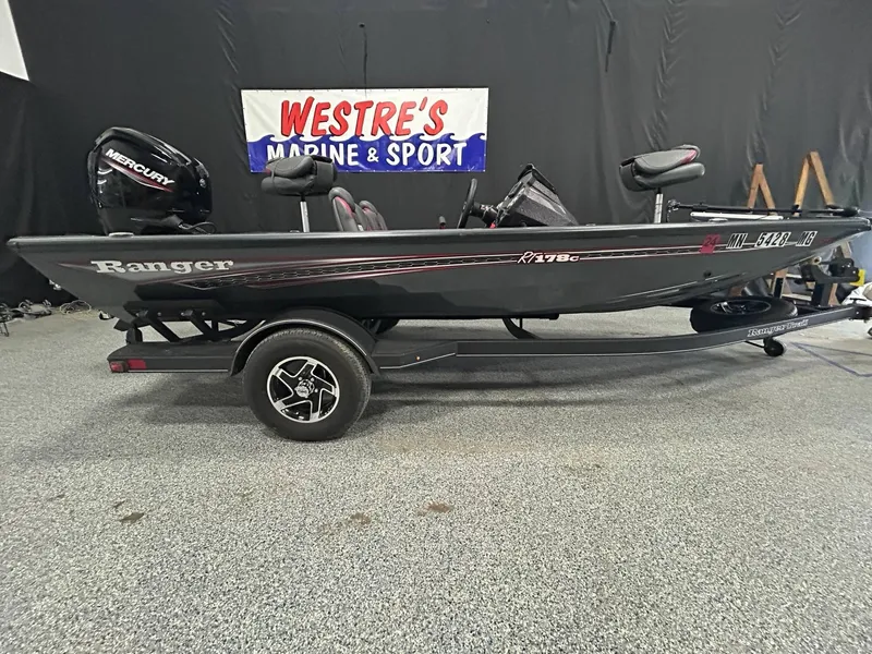 Slide: The Image of 2022 Ranger RT178C fishing boat with Mercury engine at Westre's Marine & Sport showroom. - 2