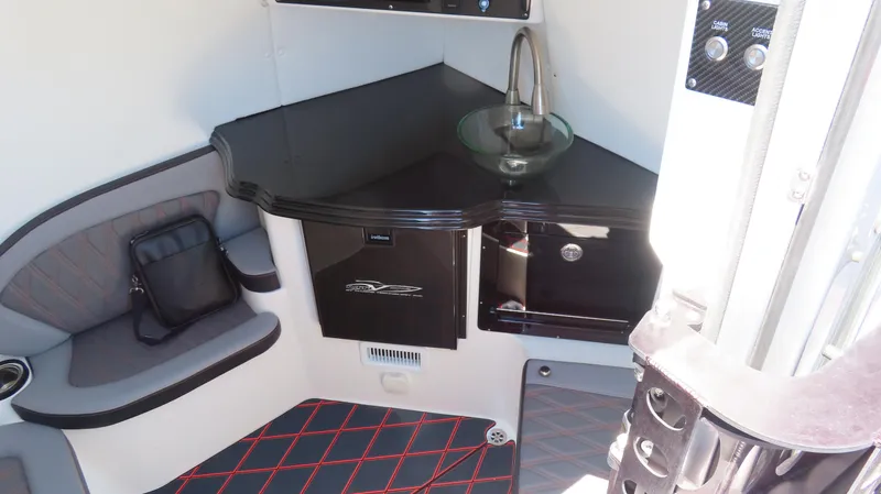 Slide: The Image of Interior of 2020 MTI 42V boat with sleek seating and modern sink. - 10