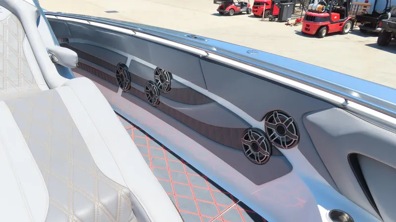 Slide: The Image of Luxury MTI 42V boat interior with stylish seating and premium audio system, 2020 model. - 16