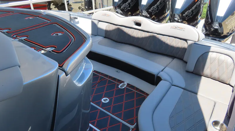 Slide: The Image of 2020 MTI 42V boat interior with cushioned seating and stylish flooring design. - 20