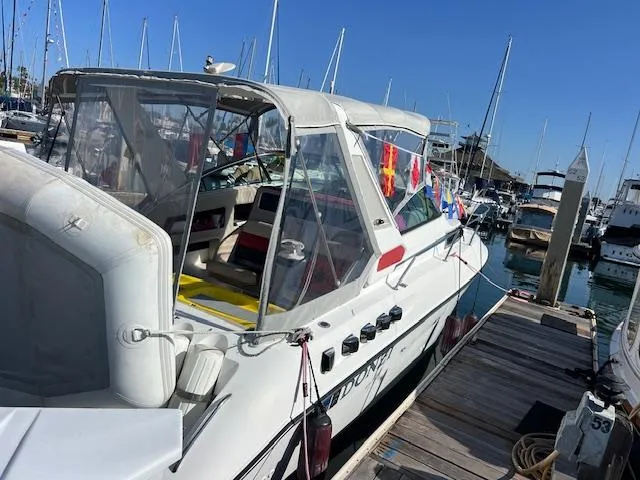 Slide: The Image of 1990 Donzi 300 Levante boat docked at marina with clear canopy and flags. - 6