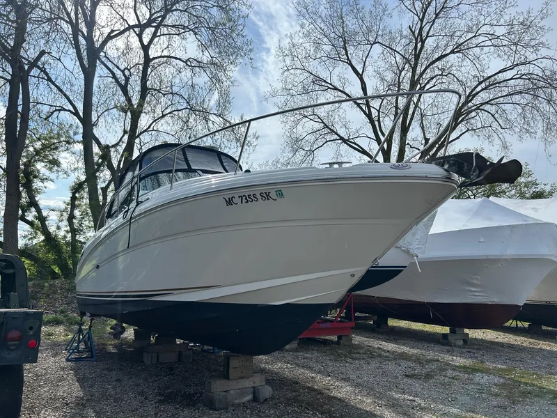 The Image of 2002 Sea Ray 300 Sundancer boat on blocks, surrounded by trees and other covered boats. - 0