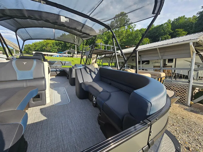 Slide: The Image of 2025 Tahoe Pontoon Cascade Cruise Rear Bench with spacious seating and canopy. - 3