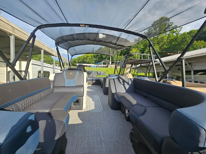 Slide: The Image of 2025 Tahoe Pontoon Cascade Cruise Rear Bench with spacious seating and canopy. - 5