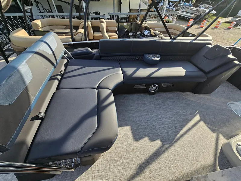 Slide: The Image of 2025 Tahoe Pontoon Cascade Cruise Rear Bench with luxurious seating and modern design. - 9