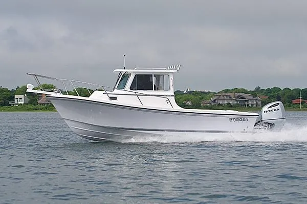The Image of 2026 Steiger Craft 23 Miami boat cruising on water with Honda outboard motor. - 1