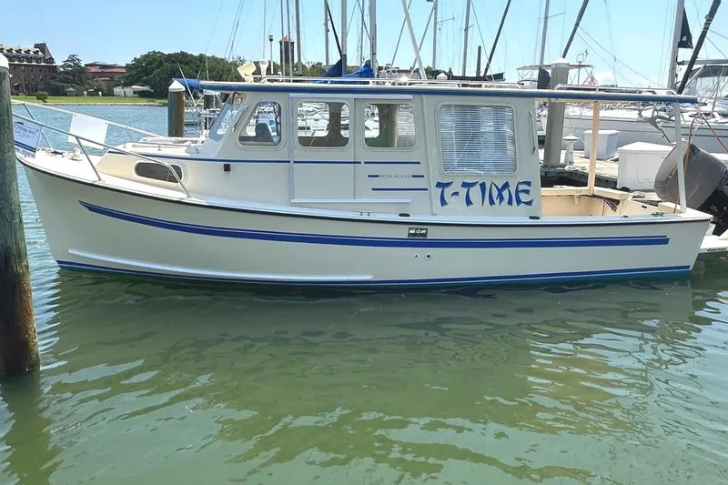 Slide: The Image of 2000 Rosborough 246LVS boat on water, historic building in background, clear sky. - 5