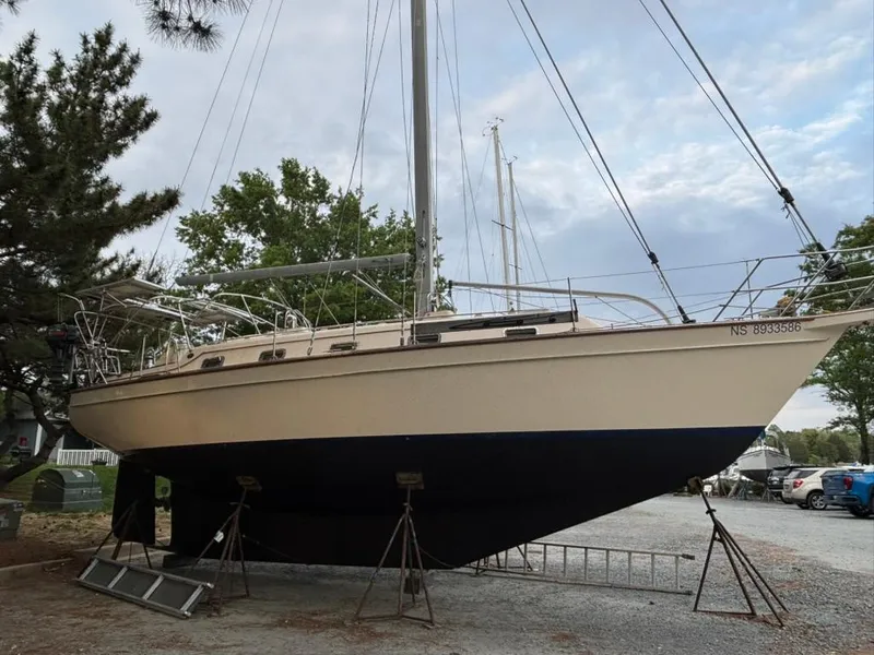 Slide: The Image of Island Packet 380 sailboat from 2001 on stands, surrounded by trees and gravel. - 21