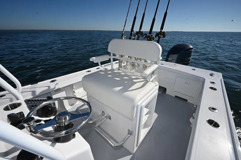 Slide: The Image of 2026 Steiger Craft 255 Tournament boat with fishing rods and steering wheel on open water. - 4