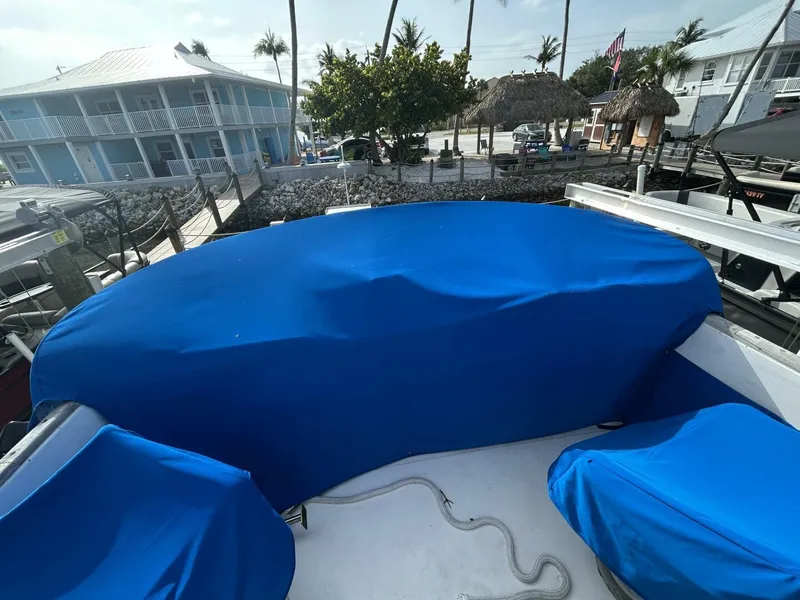 Slide: The Image of 1978 Albin 36 Trawler with blue cover docked near coastal buildings and palm trees. - 38