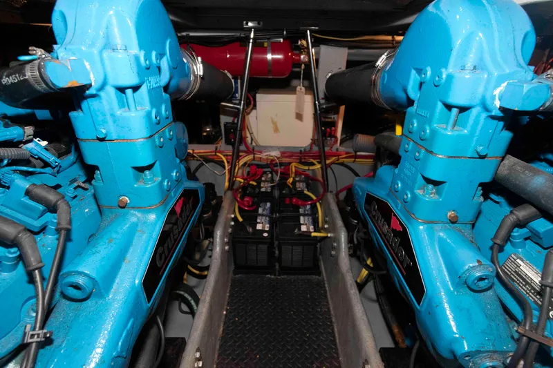 Slide: The Image of Engine room of 2005 Silverton 34 Convertible with blue Crusader engines. - 20