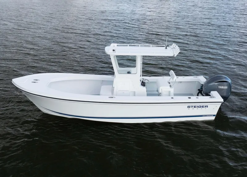 Slide: The Image of 2026 Steiger Craft 23 Chatham boat on water, side view, Yamaha engine. - 3
