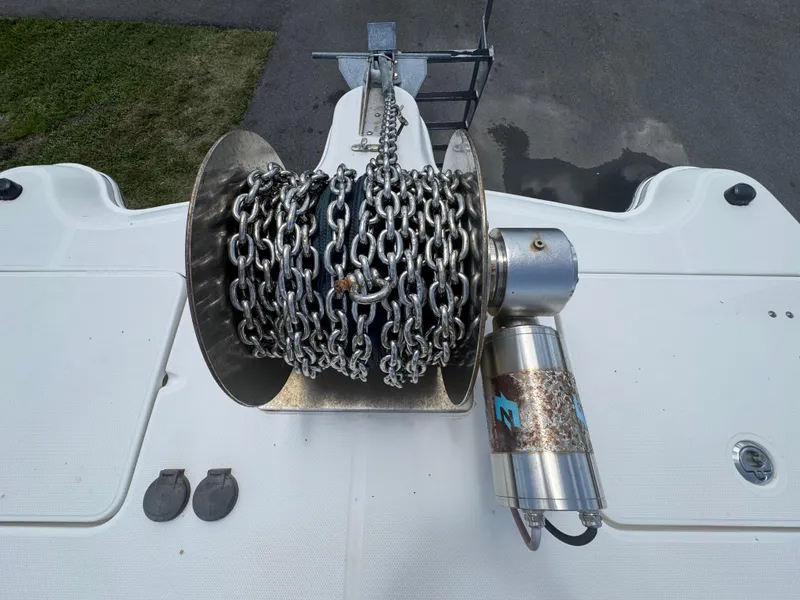 Slide: The Image of Anchor chain on a 2019 World Cat 3200 boat deck. - 26