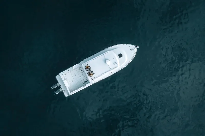 Slide: The Image of Aerial view of 2027 Lindell 41' boat on calm ocean waters. - 56