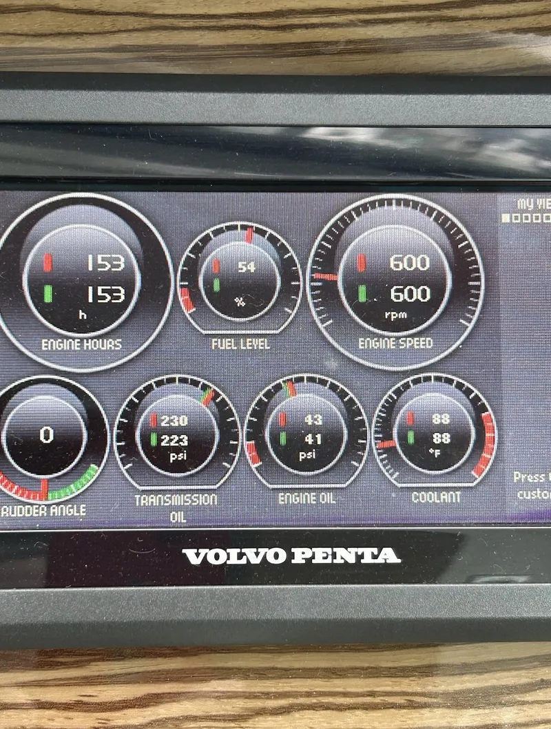 Slide: The Image of Volvo Penta dashboard displaying engine metrics on a 2016 Cruisers Yachts 45 Cantius. - 8
