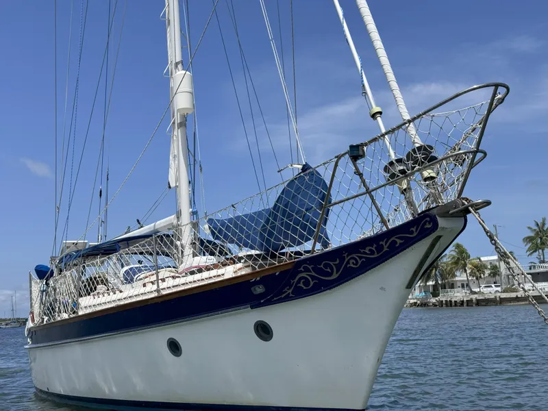 Slide: The Image of 1979 CSY 44 sailboat docked, featuring intricate netting and blue accents under a clear sky. - 3