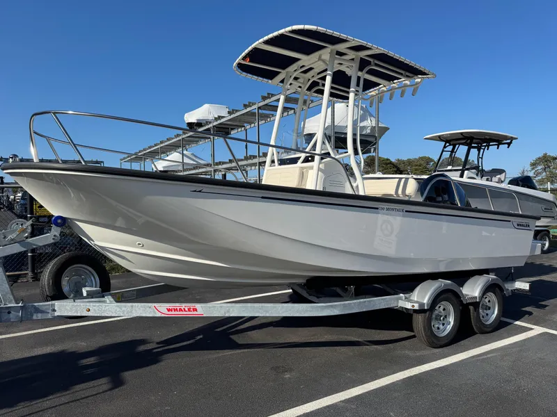 The Image of 2025 Boston Whaler 190 Montauk boat on trailer, displayed outdoors under clear blue sky. - 1