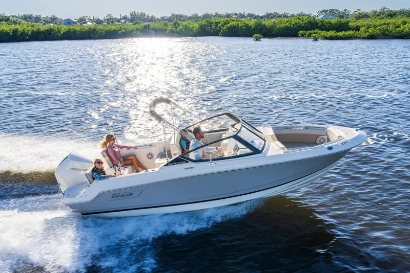 Slide: The Image of 2025 Boston Whaler 210 Vantage cruising on a sunny day with passengers enjoying the ride. - 9