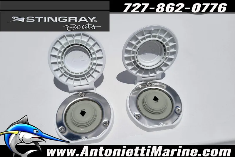 Slide: The Image of 2026 Stingray 253 CC boat fuel caps, Antonietti Marine contact details, logo. - 11
