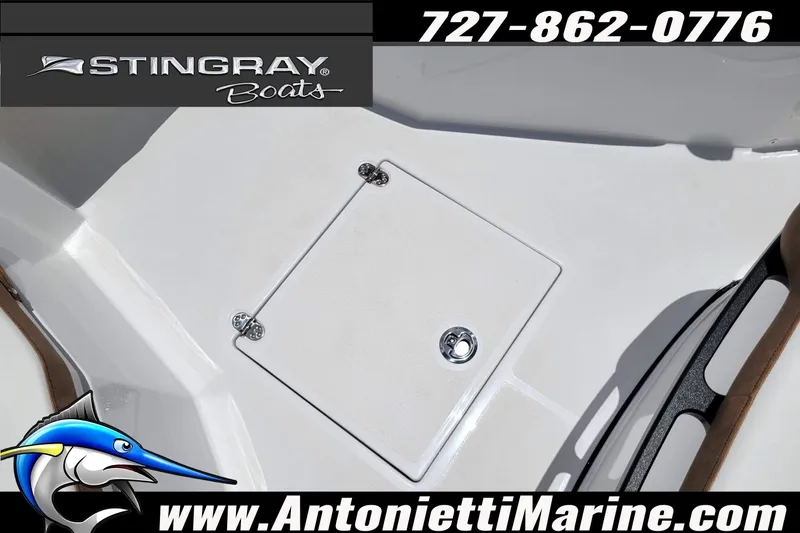 Slide: The Image of 2026 Stingray 253 CC boat deck with storage hatch, Antonietti Marine branding. - 16