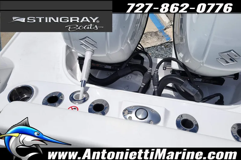 Slide: The Image of 2026 Stingray 253 CC boat with dual engines, showcased by Antonietti Marine. - 51