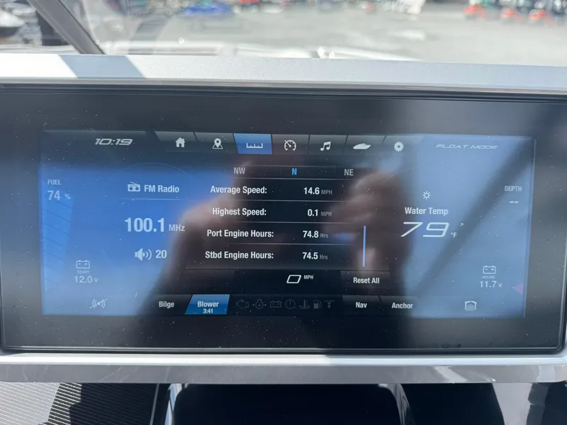 Slide: The Image of Dashboard of 2023 Yamaha Boats 252SD showing speed, engine hours, and water temperature. - 20
