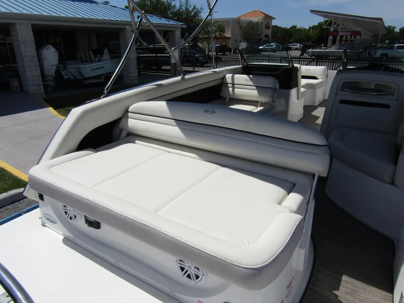 Slide: The Image of 2017 Cobalt Marker One Ml4 boat interior with white cushioned seating and modern design. - 30